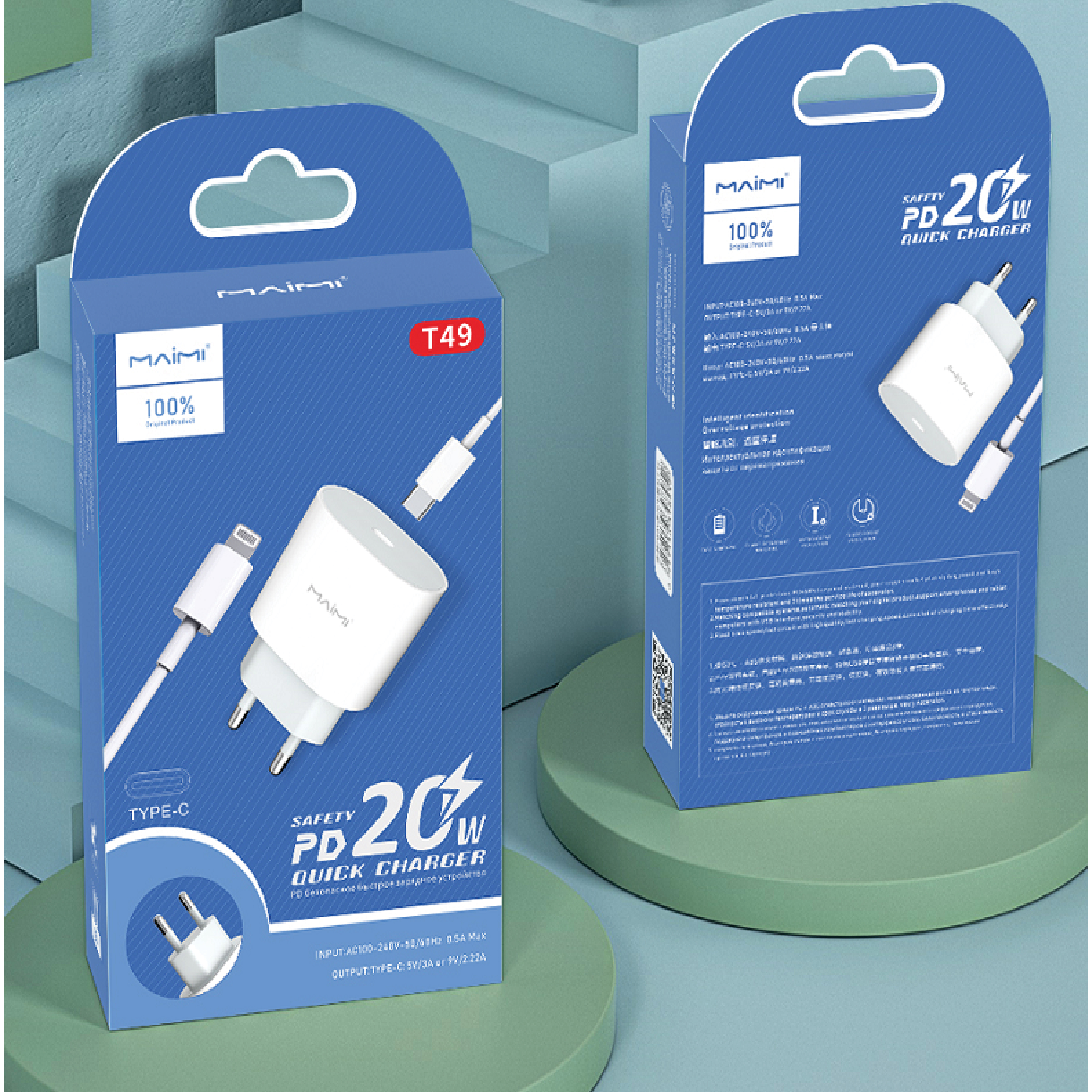 SMARTCHARGER KIT MAIMI-T49-PD 20W- QC 3.0-SINGLE USB-KABEL DATA X27 PD-WHITE ORIGINAL